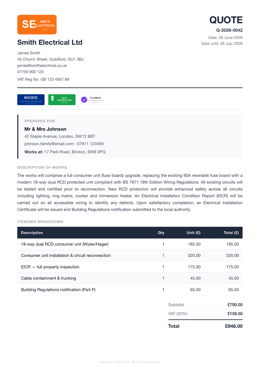 A finished Larzo quote: itemised job breakdown, customer details, VAT and total, with the tradesperson's own logo and accreditation badges