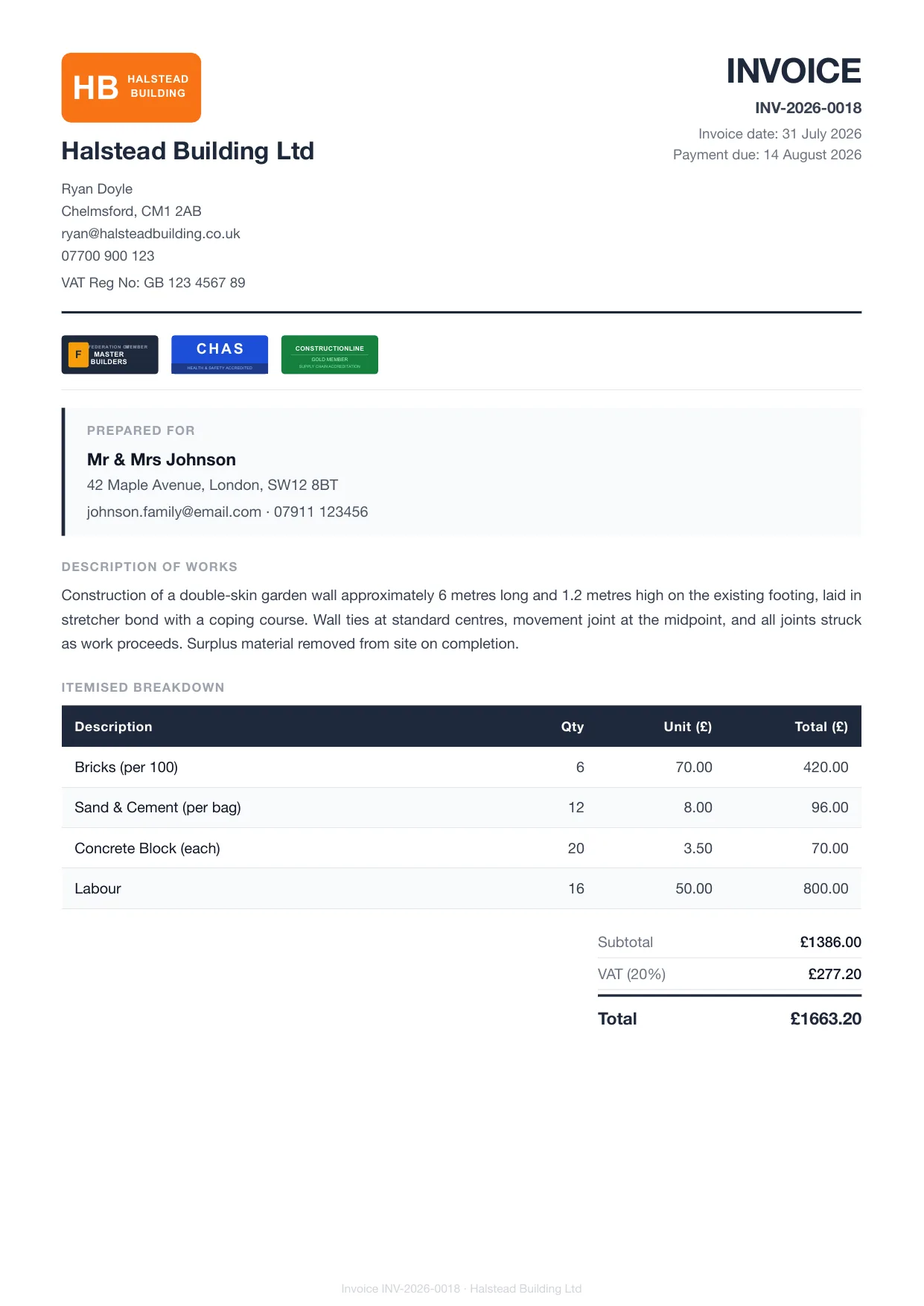 Example Larzo invoice PDF for builders, with bank details and payment due date