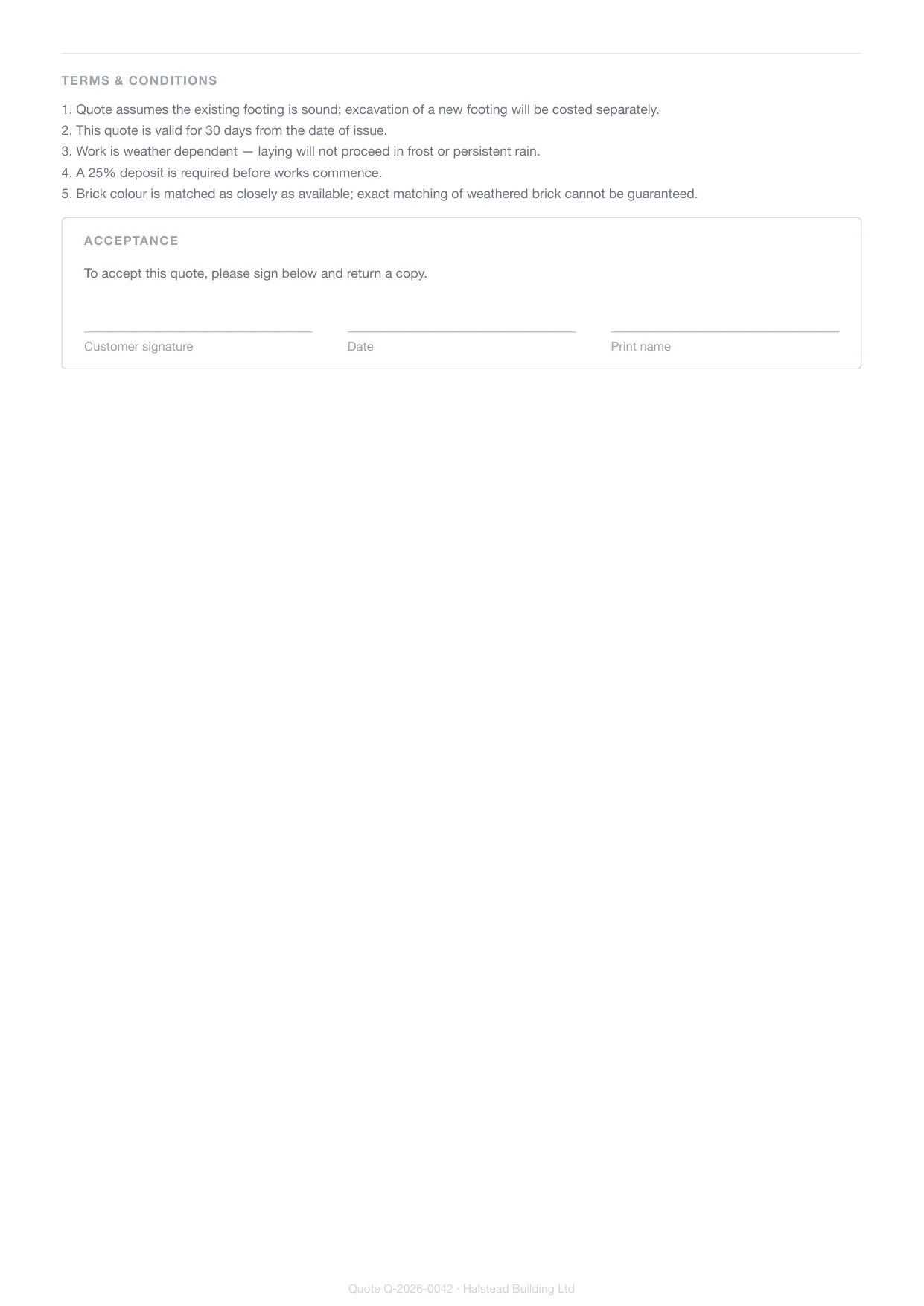 Page 2 of a builder's Larzo quote — the trade's own terms and conditions and the customer signature block