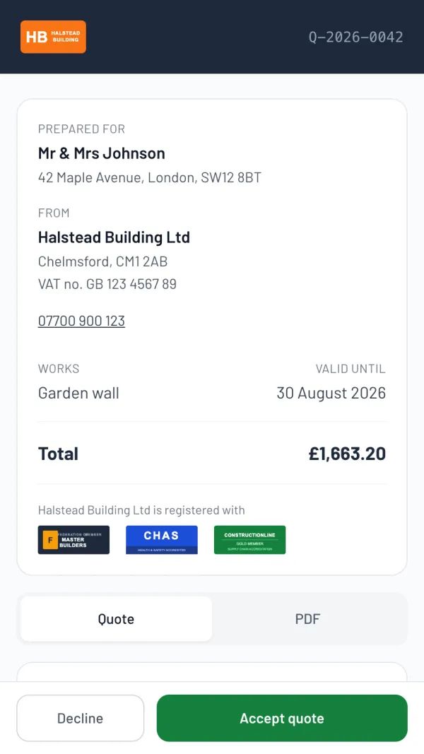 The Larzo customer portal for a builder's quote — garden wall, branded, itemised, with an accept button