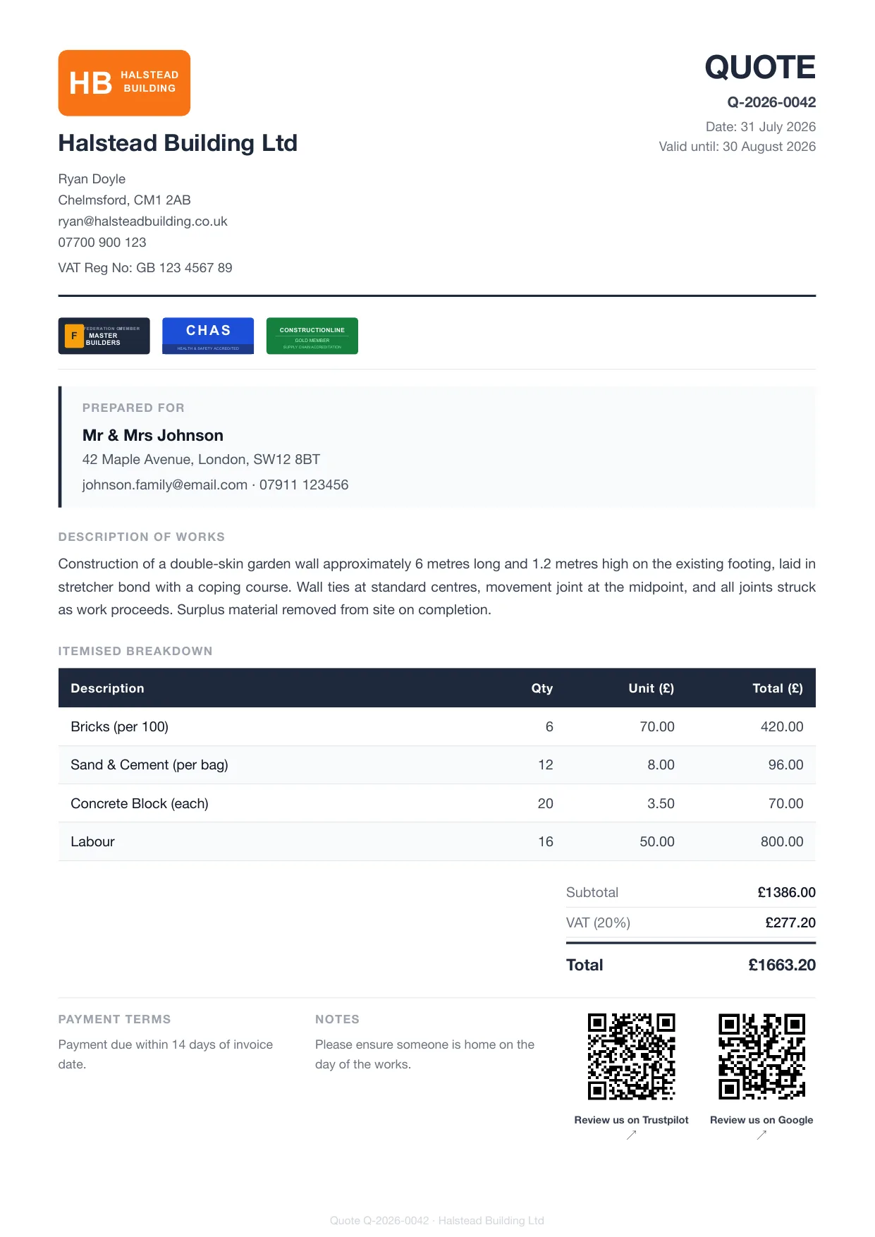 Example Larzo quote PDF for builders — garden wall, itemised with VAT