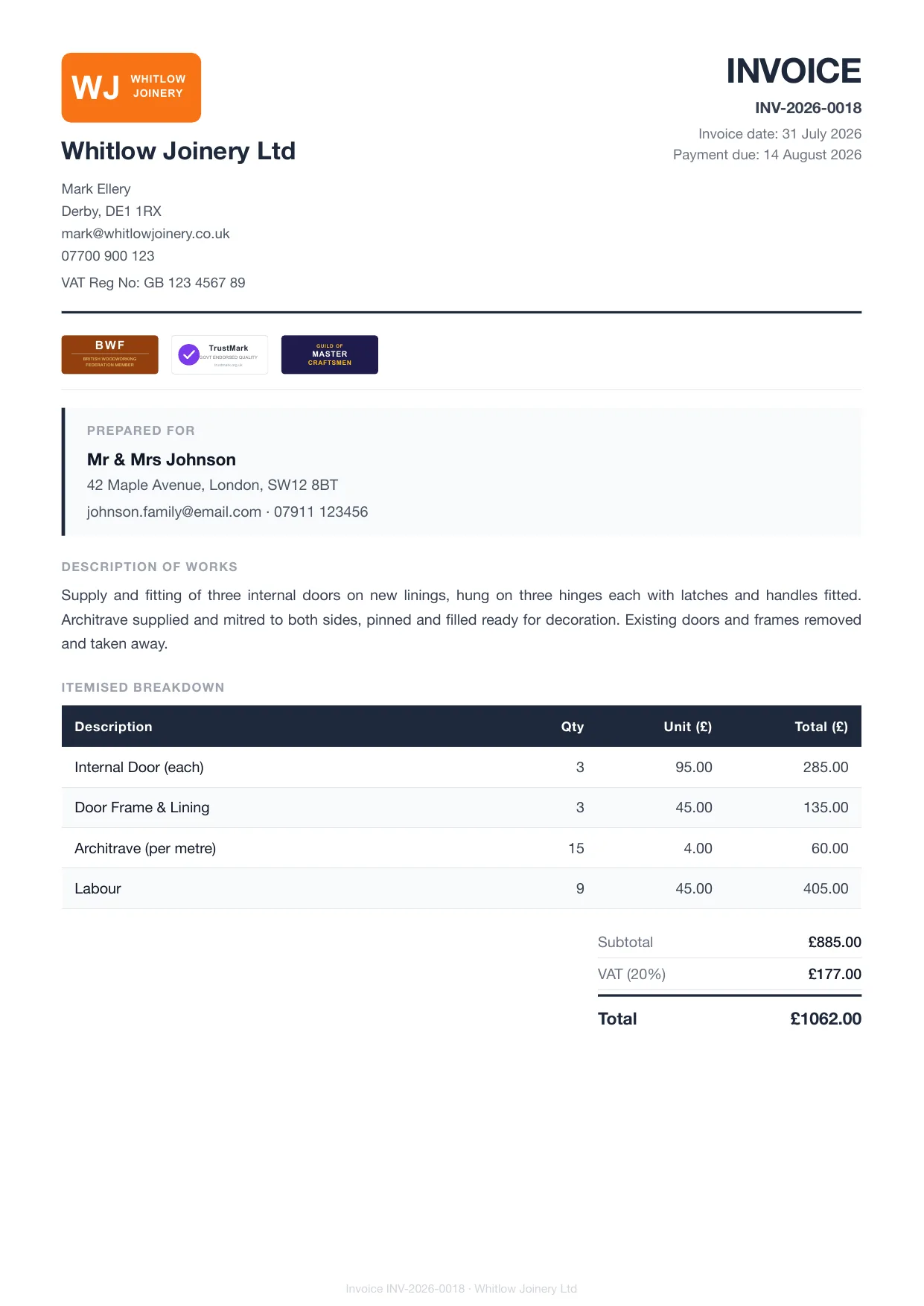 Example Larzo invoice PDF for carpenters, with bank details and payment due date