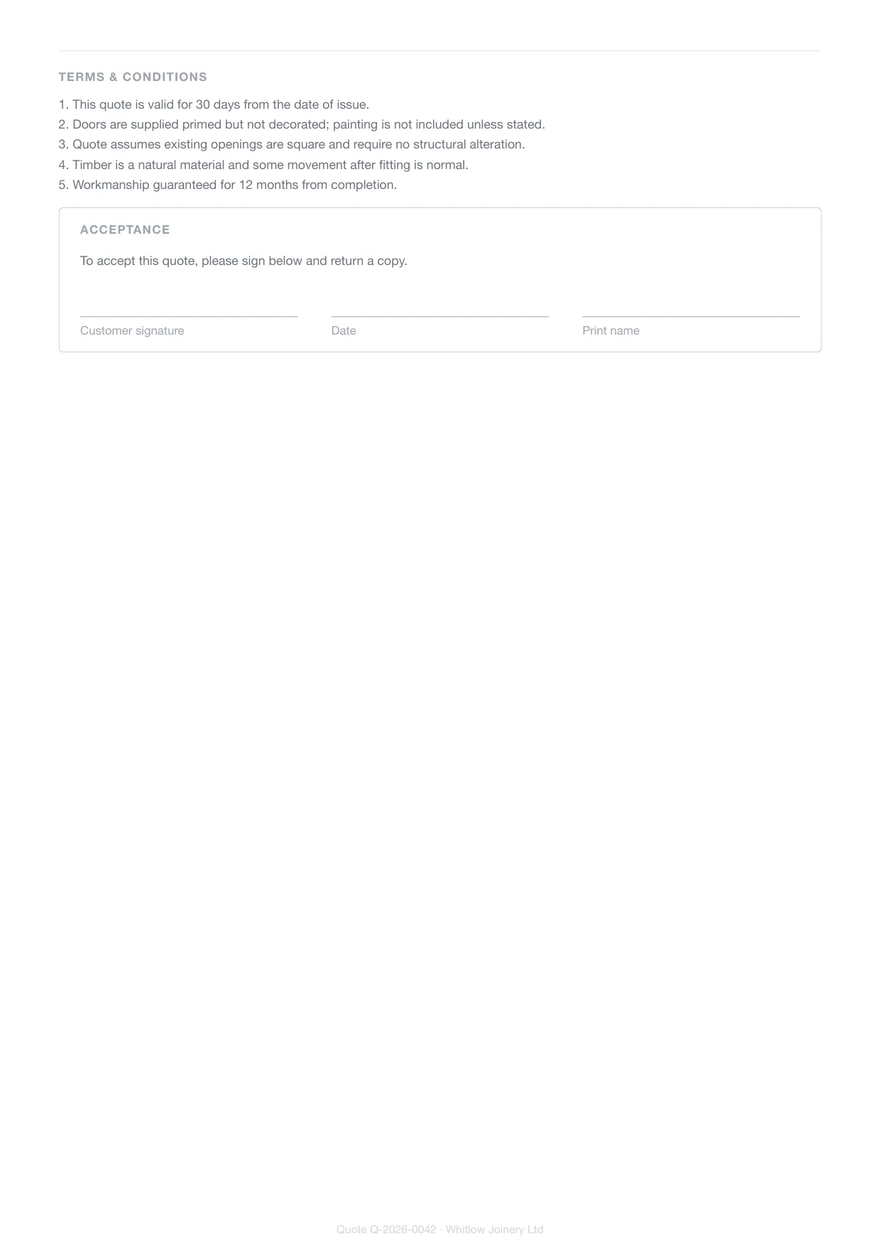 Page 2 of a carpenter's Larzo quote — the trade's own terms and conditions and the customer signature block