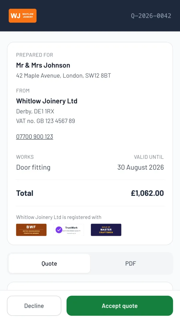 The Larzo customer portal for a carpenter's quote — door fitting, branded, itemised, with an accept button