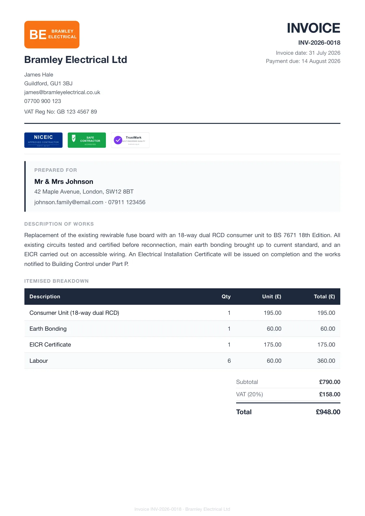 Example Larzo invoice PDF for electricians, with bank details and payment due date