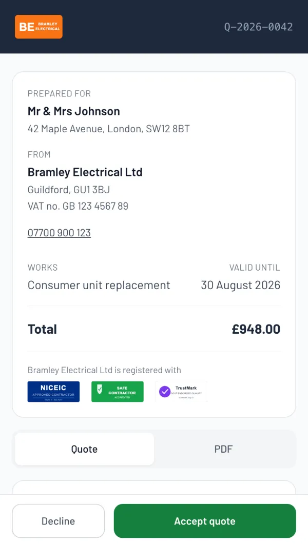 The Larzo customer portal for a electrician's quote — consumer unit replacement, branded, itemised, with an accept button