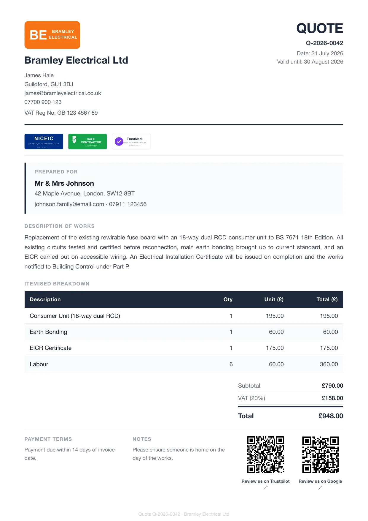 Example Larzo quote PDF for electricians — consumer unit replacement, itemised with VAT