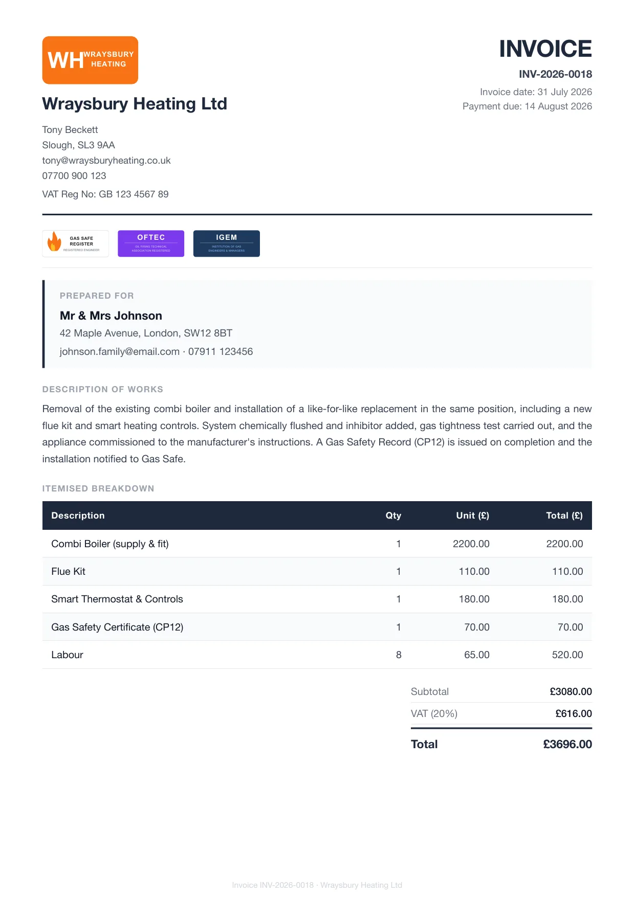 Example Larzo invoice PDF for gas engineers, with bank details and payment due date