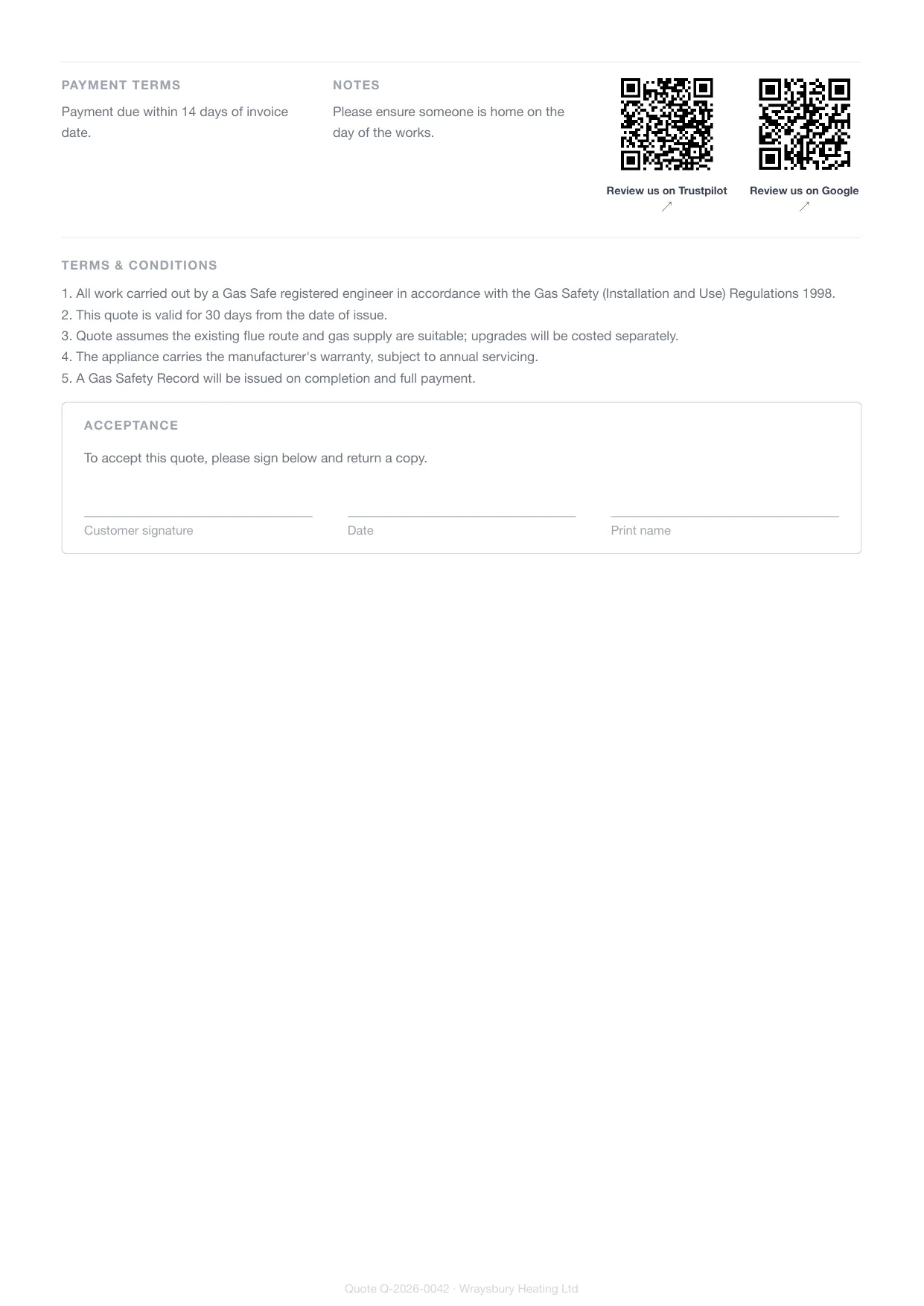 Page 2 of a gas engineer's Larzo quote — the trade's own terms and conditions and the customer signature block