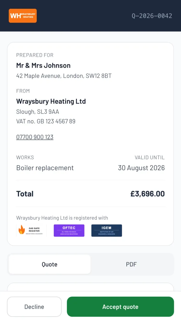 The Larzo customer portal for a gas engineer's quote — boiler replacement, branded, itemised, with an accept button