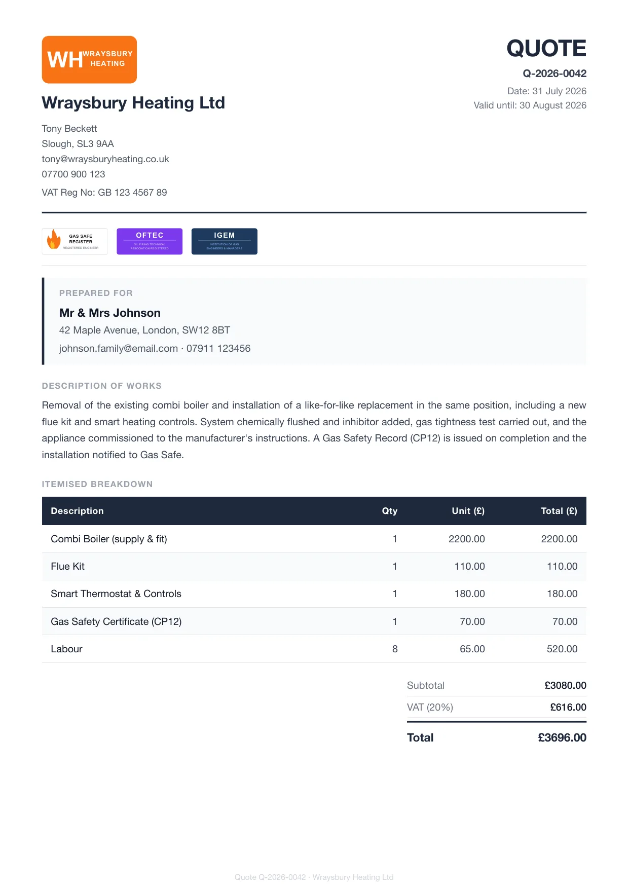 Example Larzo quote PDF for gas engineers — boiler replacement, itemised with VAT