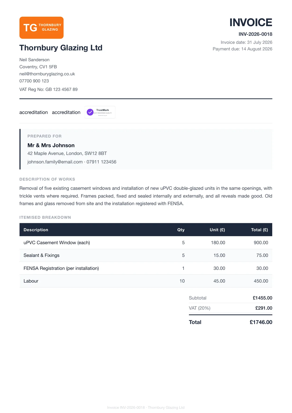 Example Larzo invoice PDF for glaziers, with bank details and payment due date