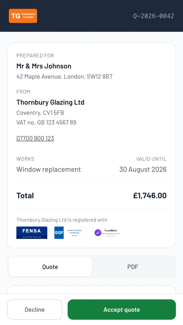 The Larzo customer portal for a glazier's quote — window replacement, branded, itemised, with an accept button