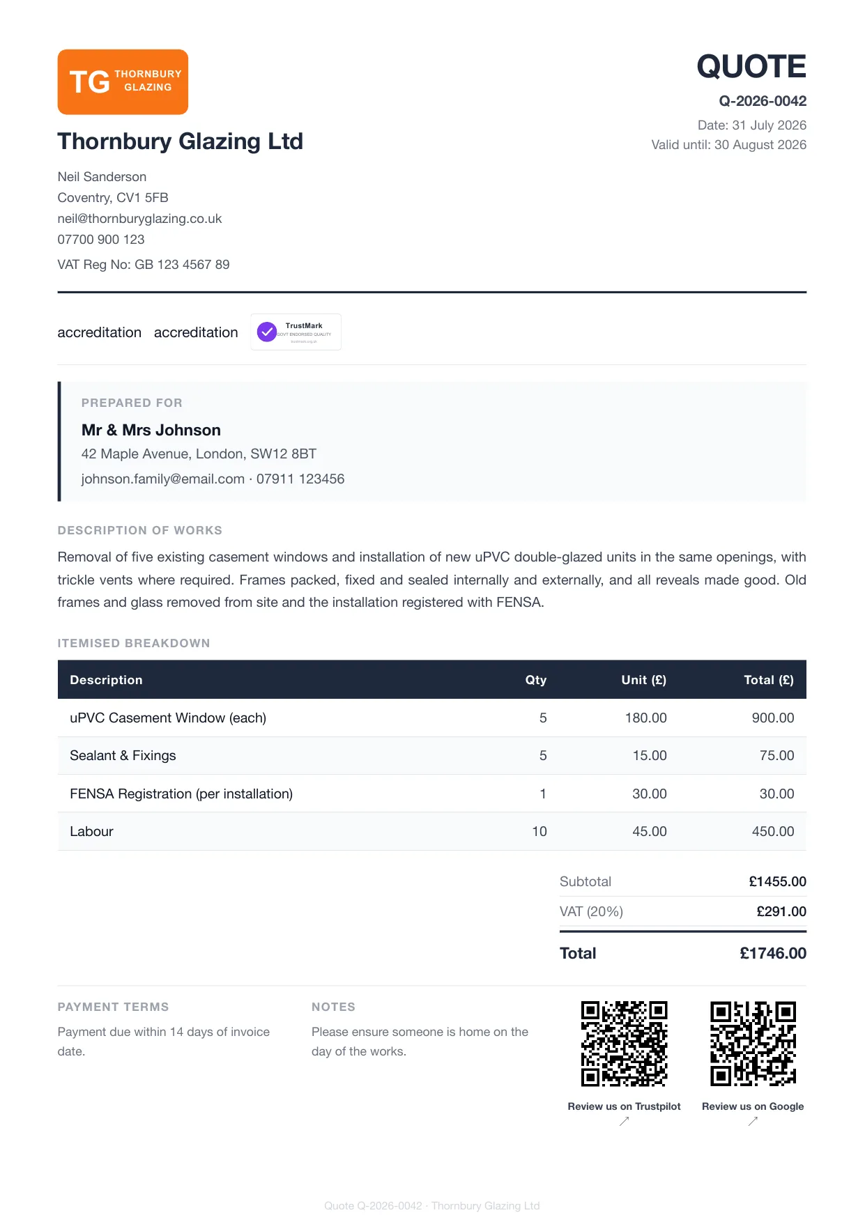 Example Larzo quote PDF for glaziers — window replacement, itemised with VAT