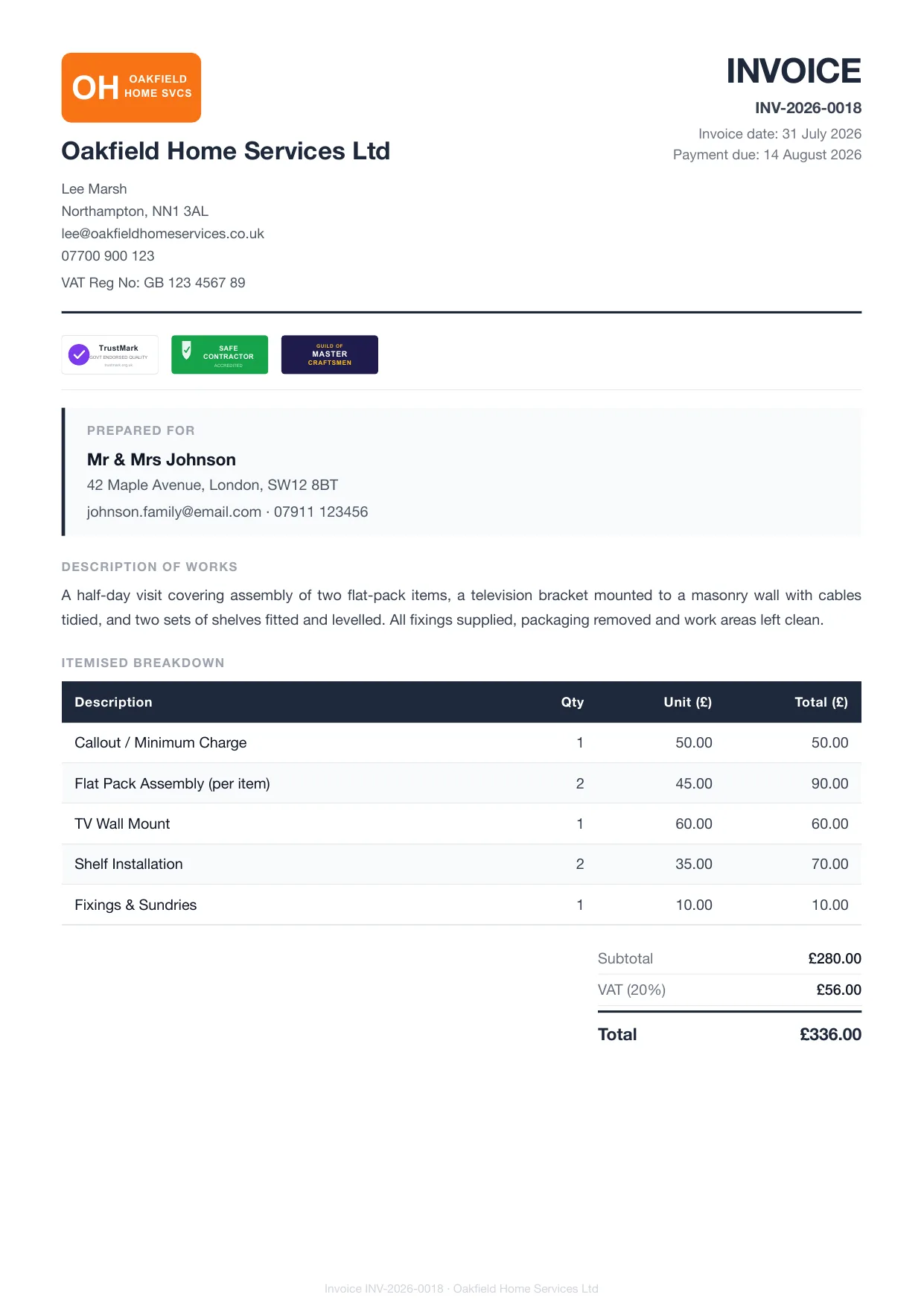 Example Larzo invoice PDF for handymen, with bank details and payment due date