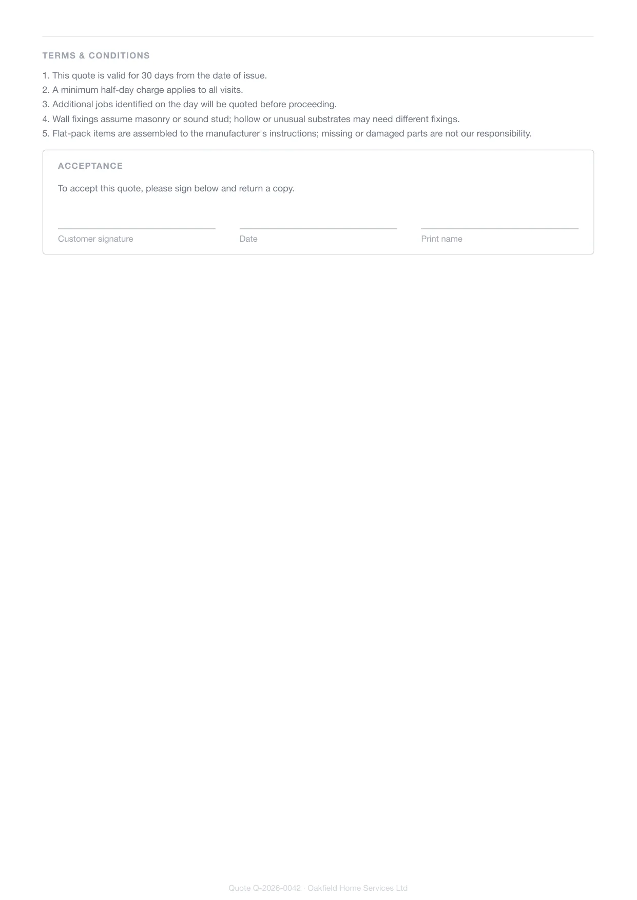 Page 2 of a handyman's Larzo quote — the trade's own terms and conditions and the customer signature block