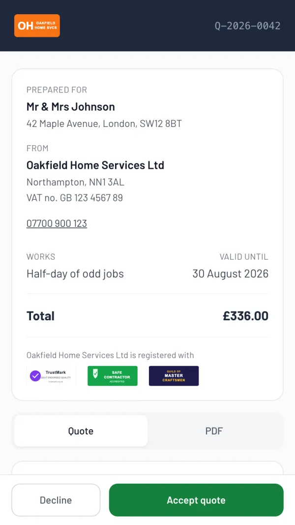 The Larzo customer portal for a handyman's quote — half-day of odd jobs, branded, itemised, with an accept button