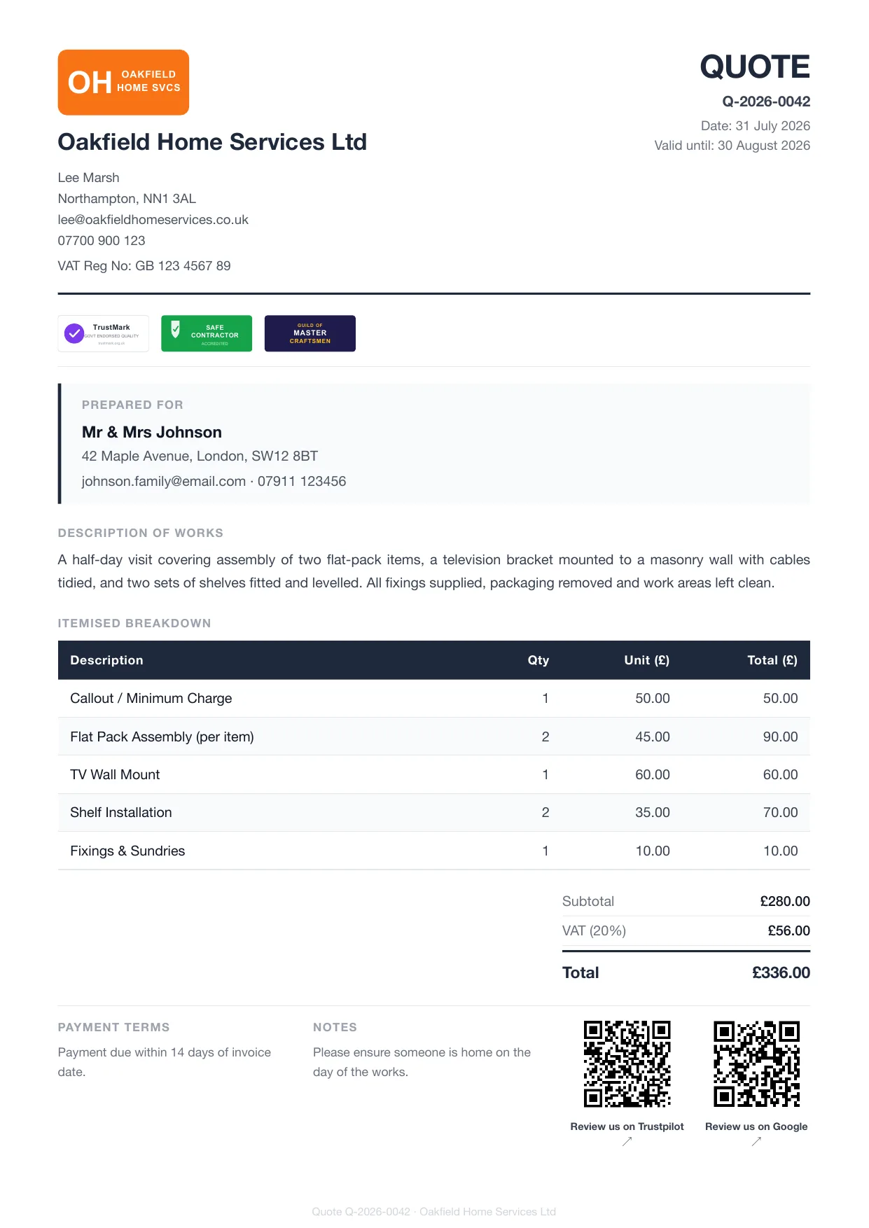 Example Larzo quote PDF for handymen — half-day of odd jobs, itemised with VAT