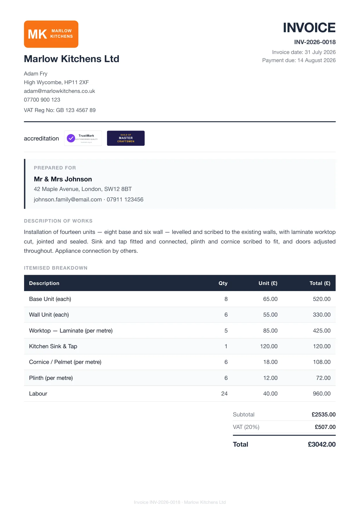 Example Larzo invoice PDF for kitchen fitters, with bank details and payment due date