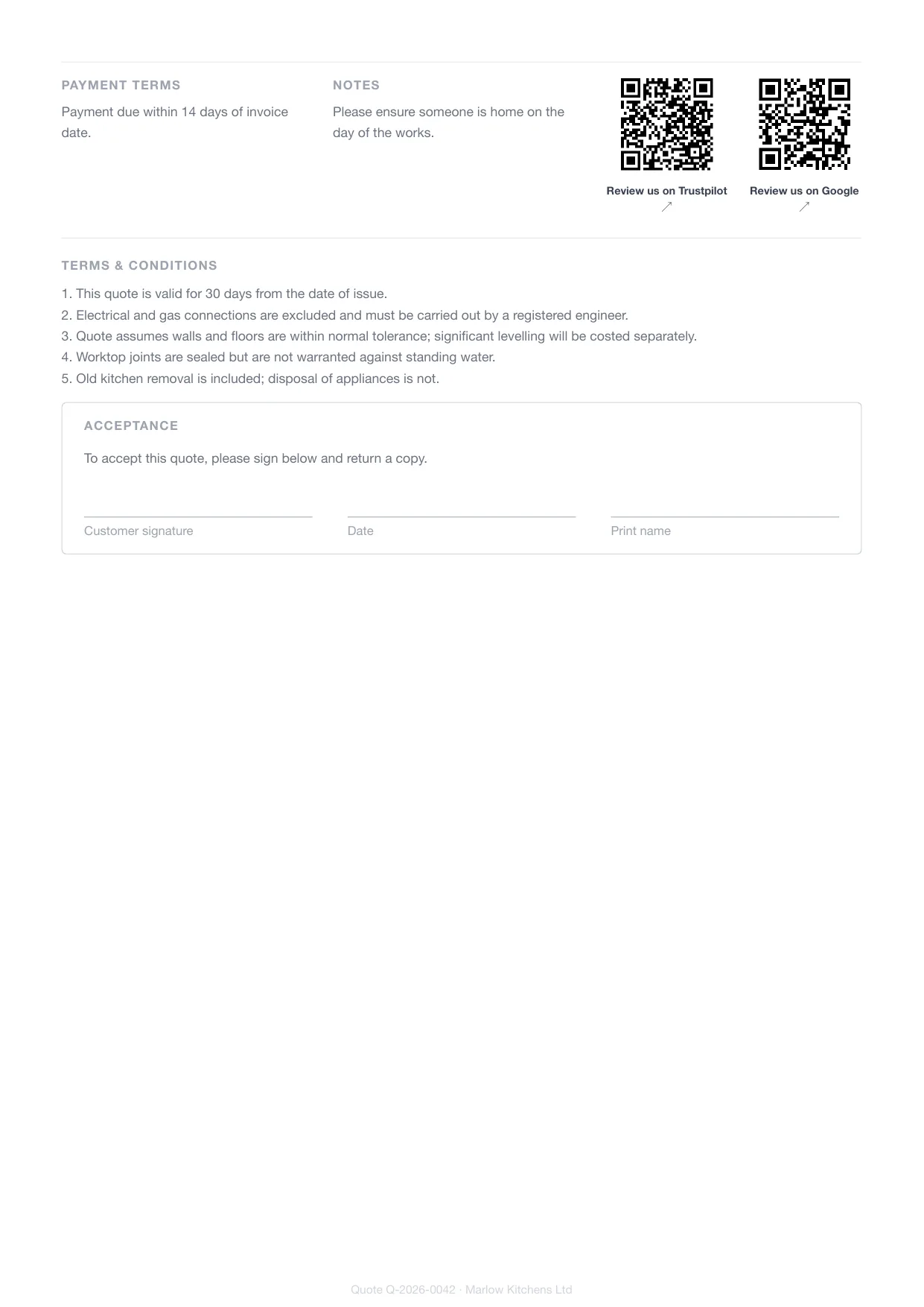 Page 2 of a kitchen fitter's Larzo quote — the trade's own terms and conditions and the customer signature block