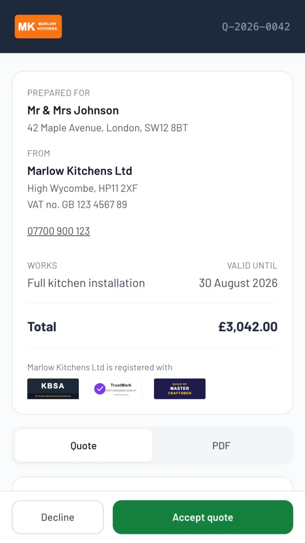 The Larzo customer portal for a kitchen fitter's quote — full kitchen installation, branded, itemised, with an accept button