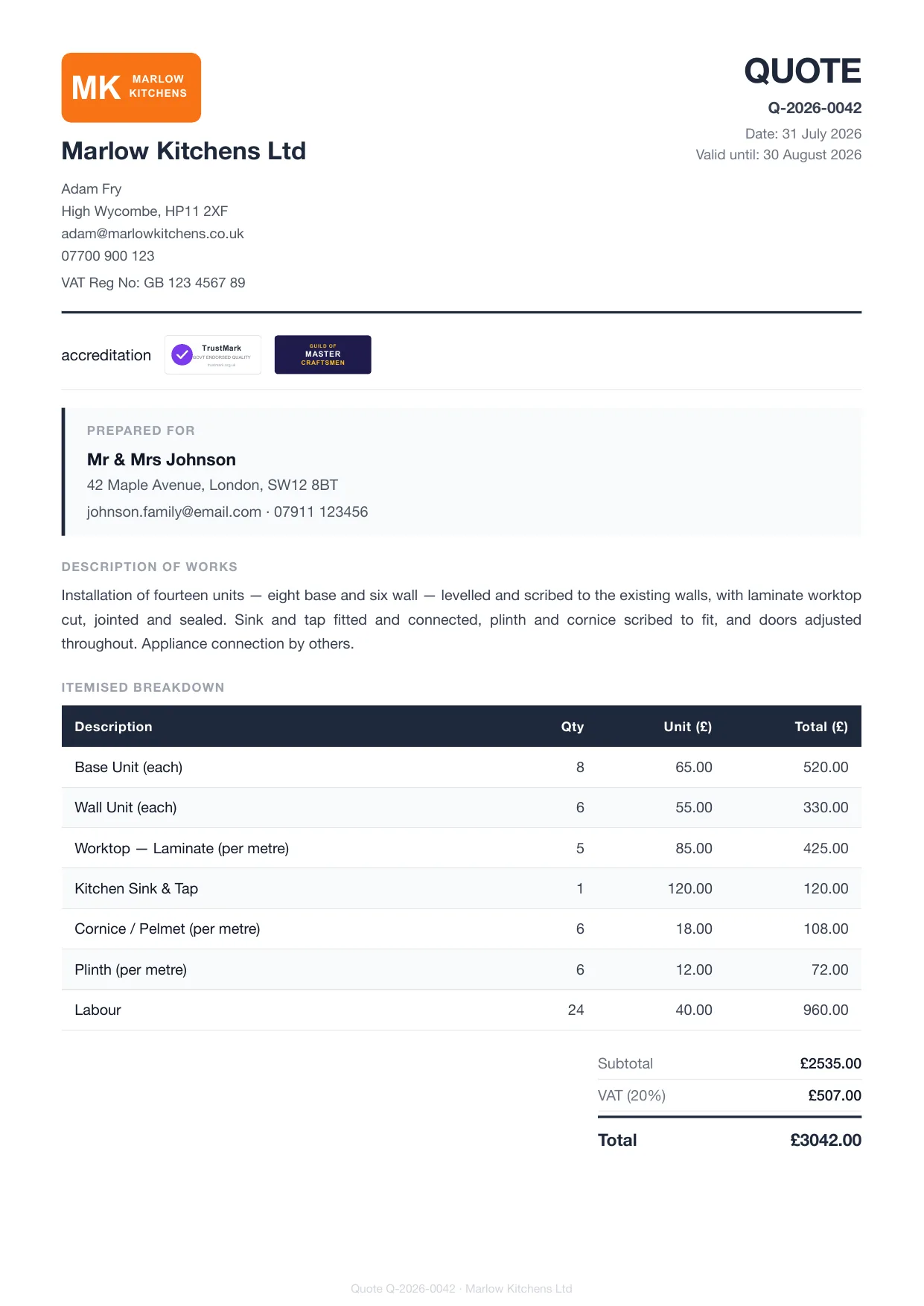 Example Larzo quote PDF for kitchen fitters — full kitchen installation, itemised with VAT