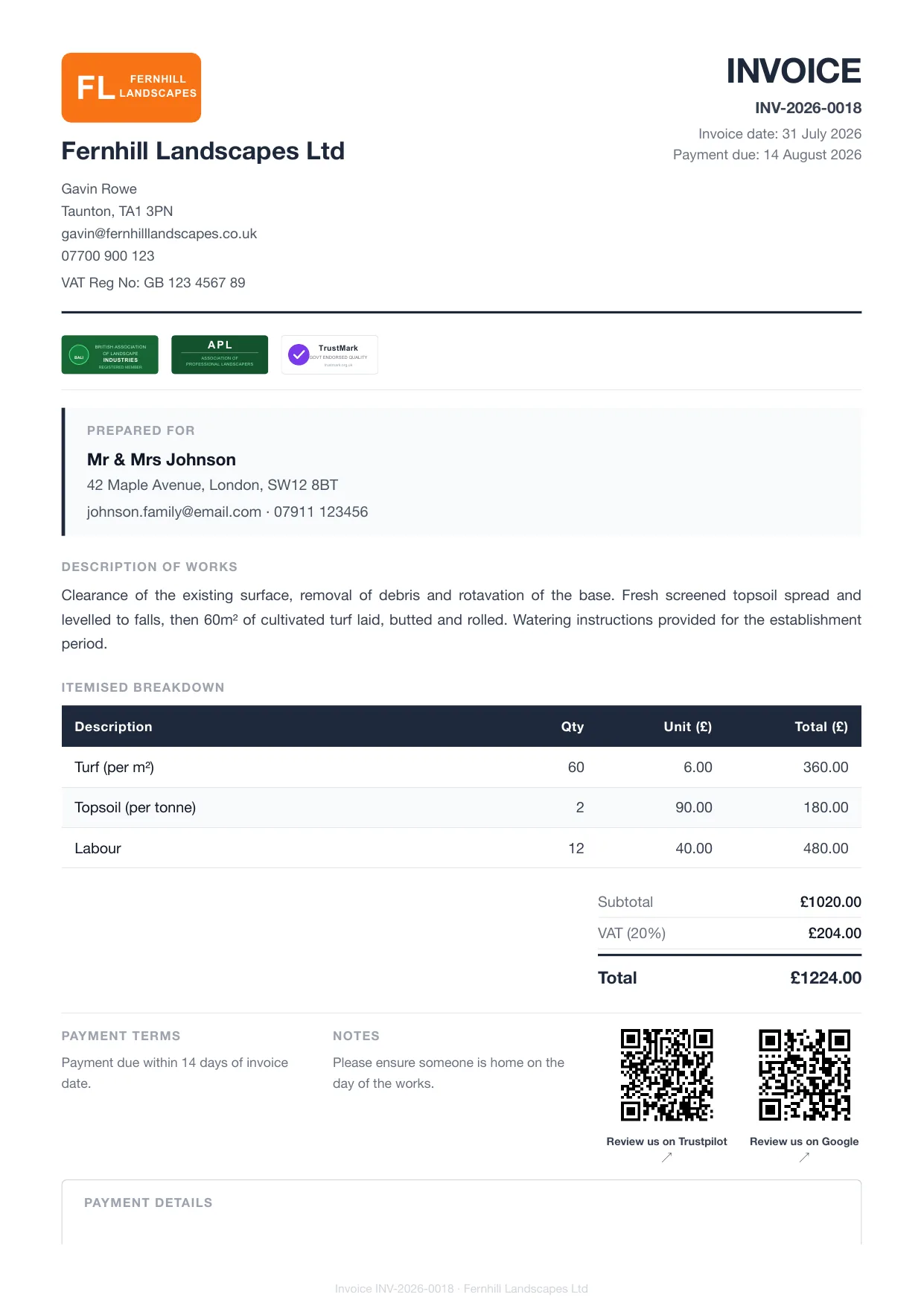 Example Larzo invoice PDF for landscapers, with bank details and payment due date