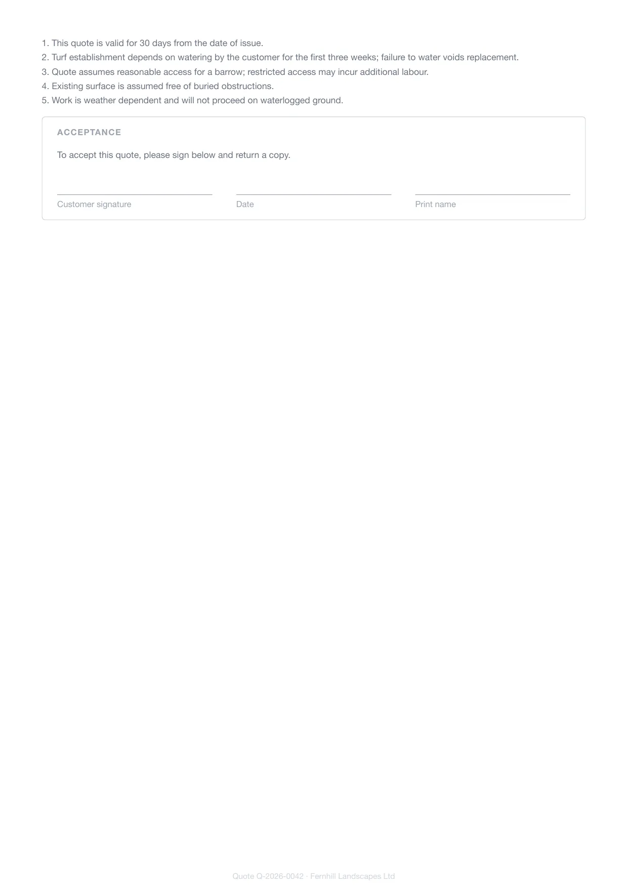 Page 2 of a landscaper's Larzo quote — the trade's own terms and conditions and the customer signature block