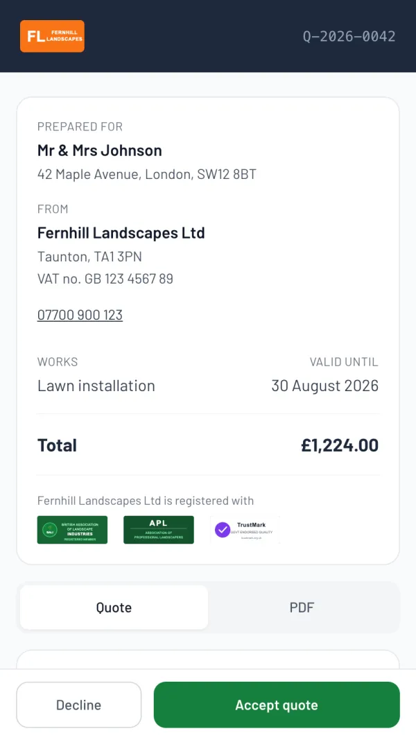 The Larzo customer portal for a landscaper's quote — lawn installation, branded, itemised, with an accept button