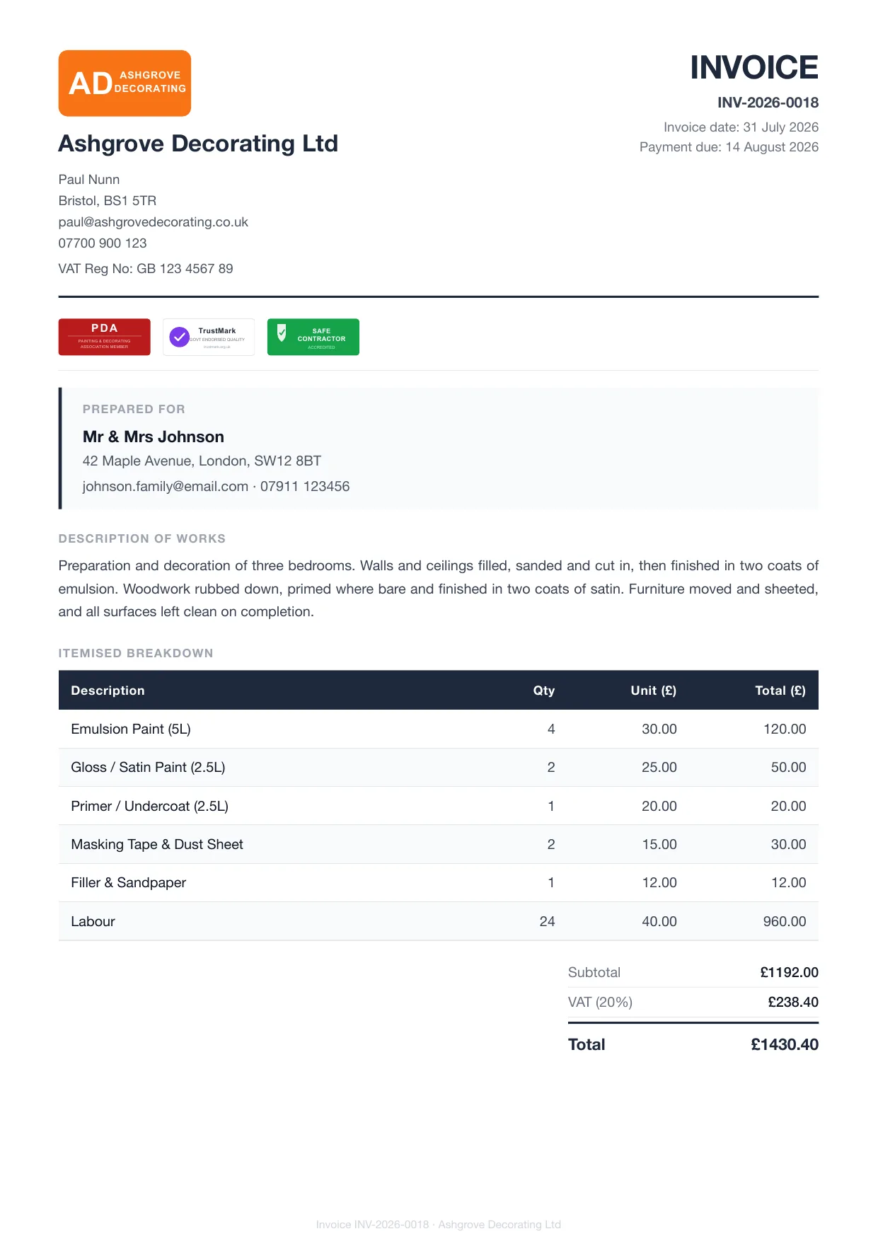 Example Larzo invoice PDF for painters & decorators, with bank details and payment due date