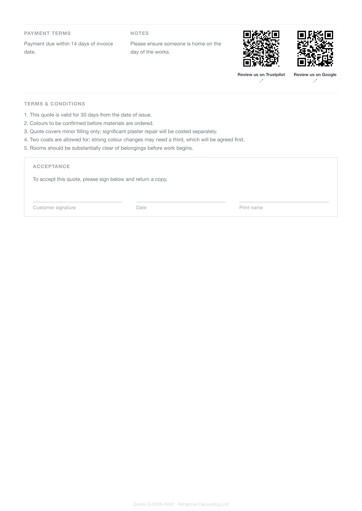 Page 2 of a painter's Larzo quote — the trade's own terms and conditions and the customer signature block