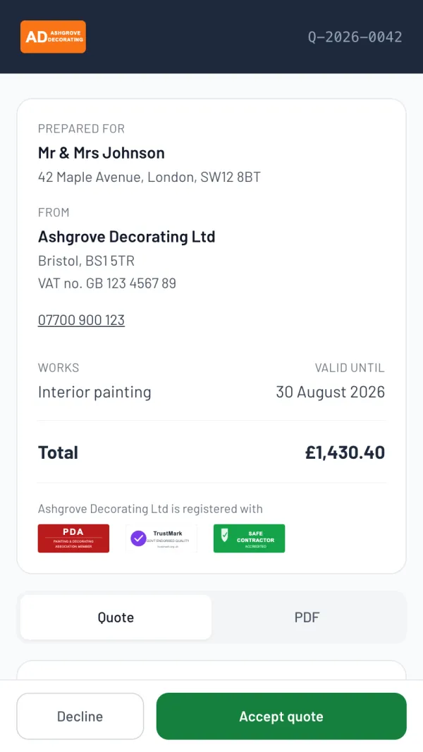 The Larzo customer portal for a painter's quote — interior painting, branded, itemised, with an accept button