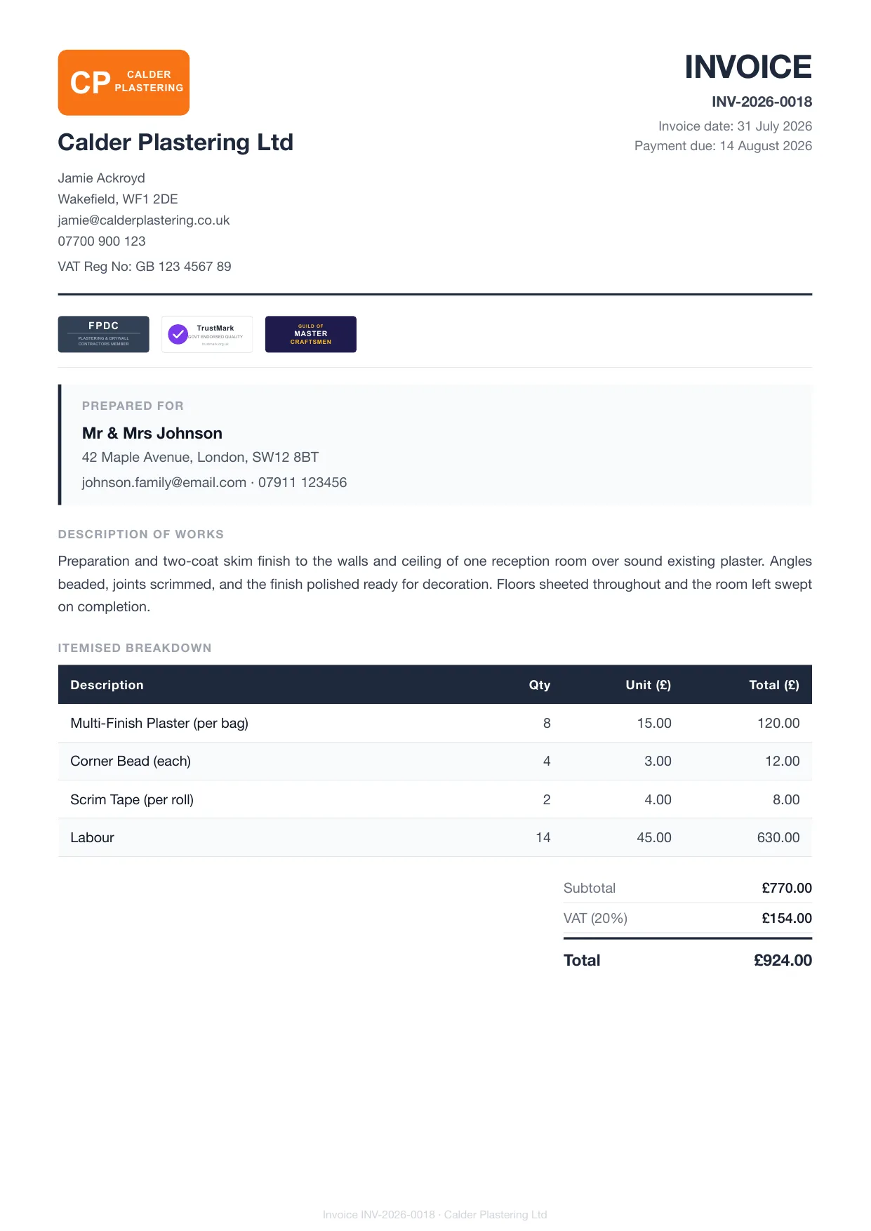 Example Larzo invoice PDF for plasterers, with bank details and payment due date