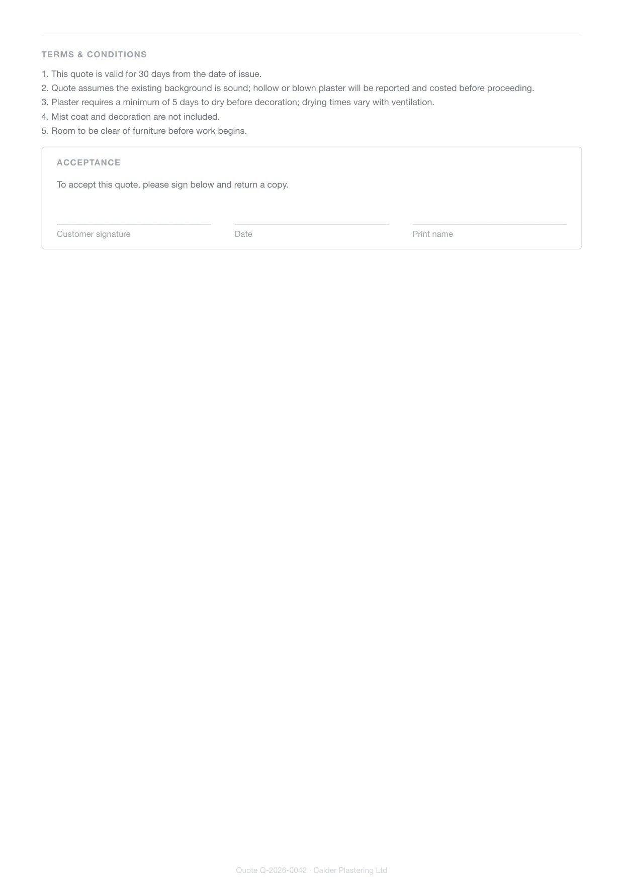 Page 2 of a plasterer's Larzo quote — the trade's own terms and conditions and the customer signature block