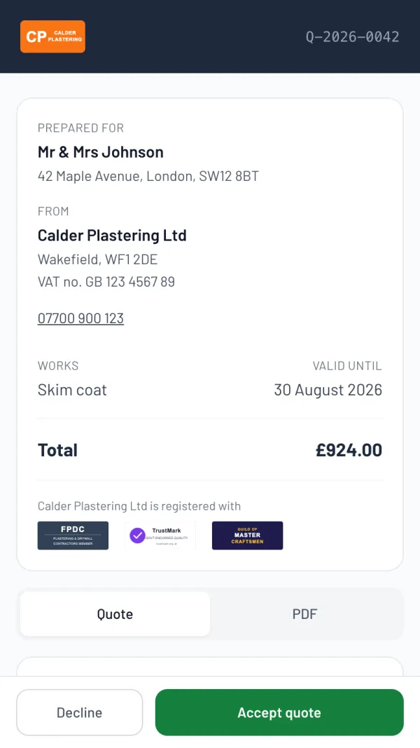 The Larzo customer portal for a plasterer's quote — skim coat, branded, itemised, with an accept button
