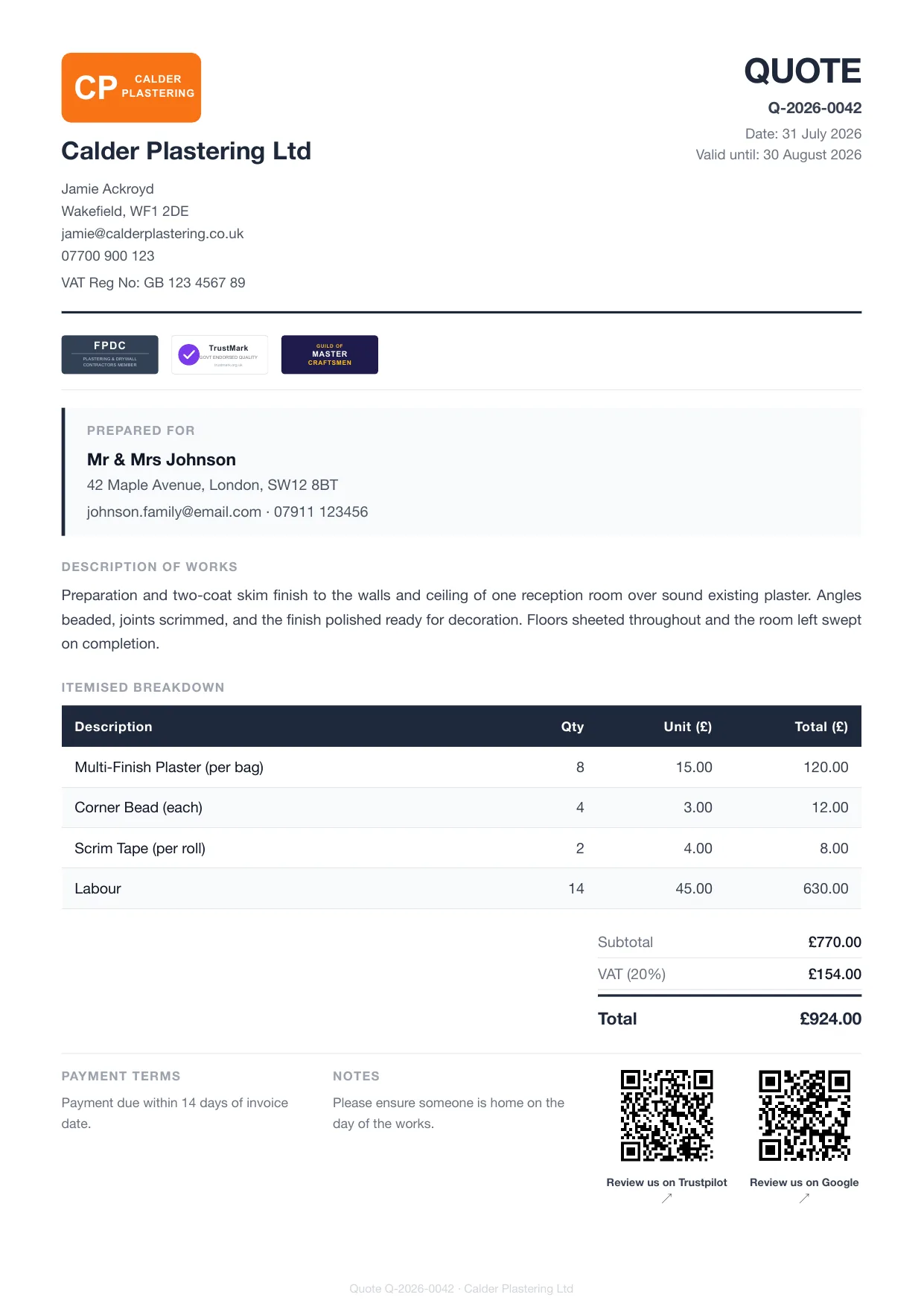 Example Larzo quote PDF for plasterers — skim coat, itemised with VAT