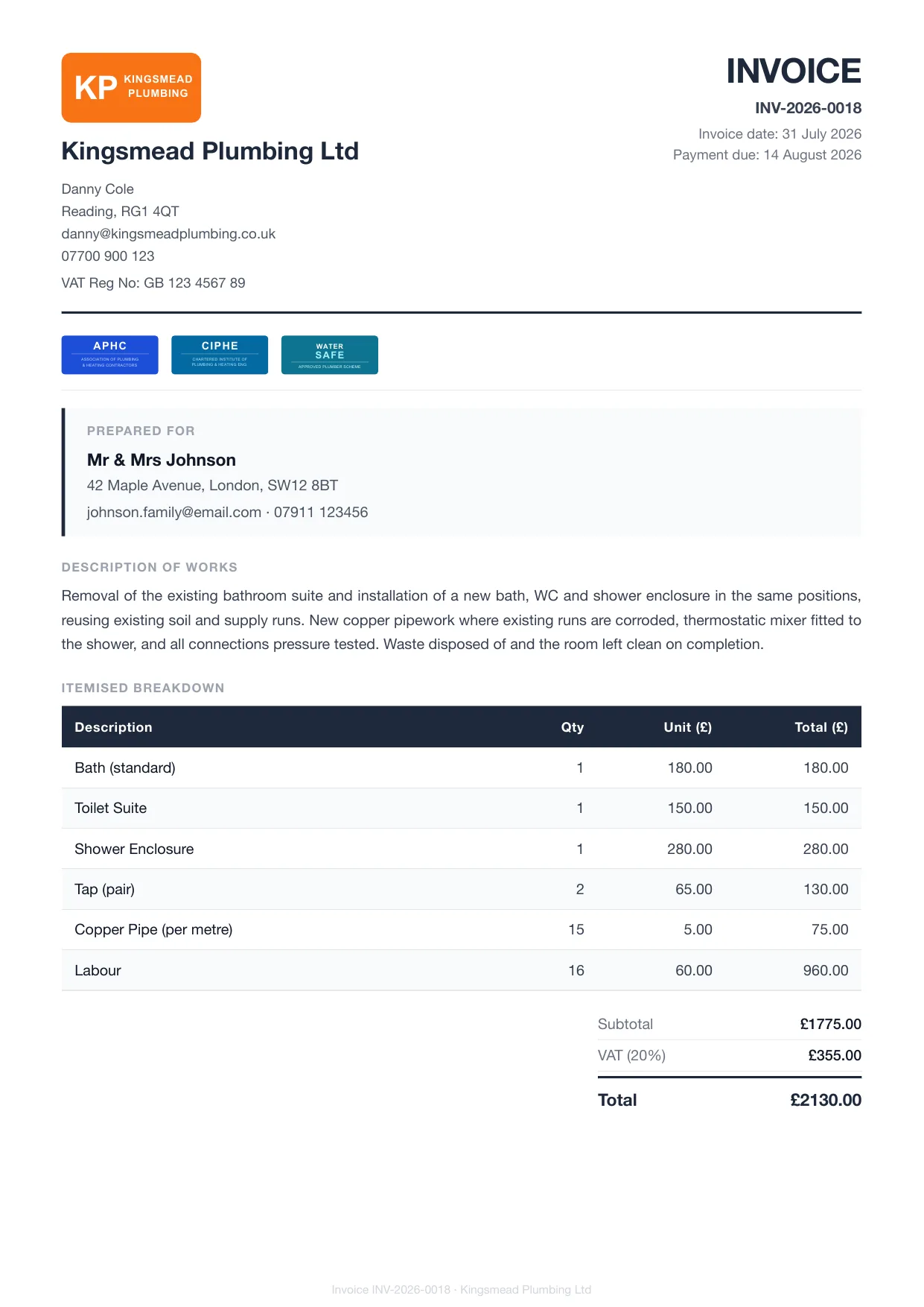 Example Larzo invoice PDF for plumbers, with bank details and payment due date