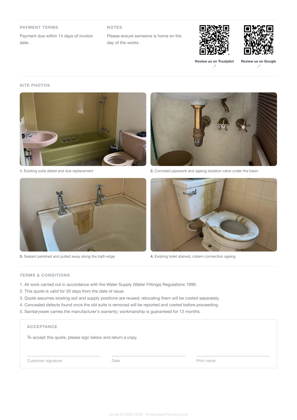 Page 2 of a plumber's Larzo quote — site photos of the existing condition being priced, with terms and a signature block