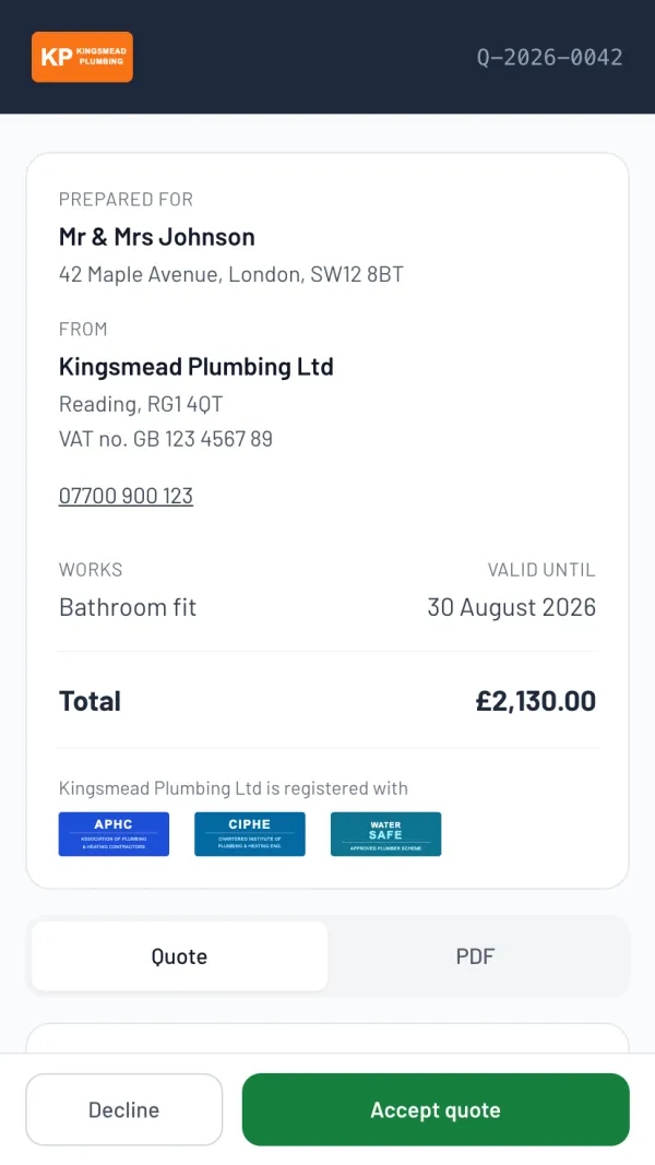The Larzo customer portal for a plumber's quote — bathroom fit, branded, itemised, with an accept button