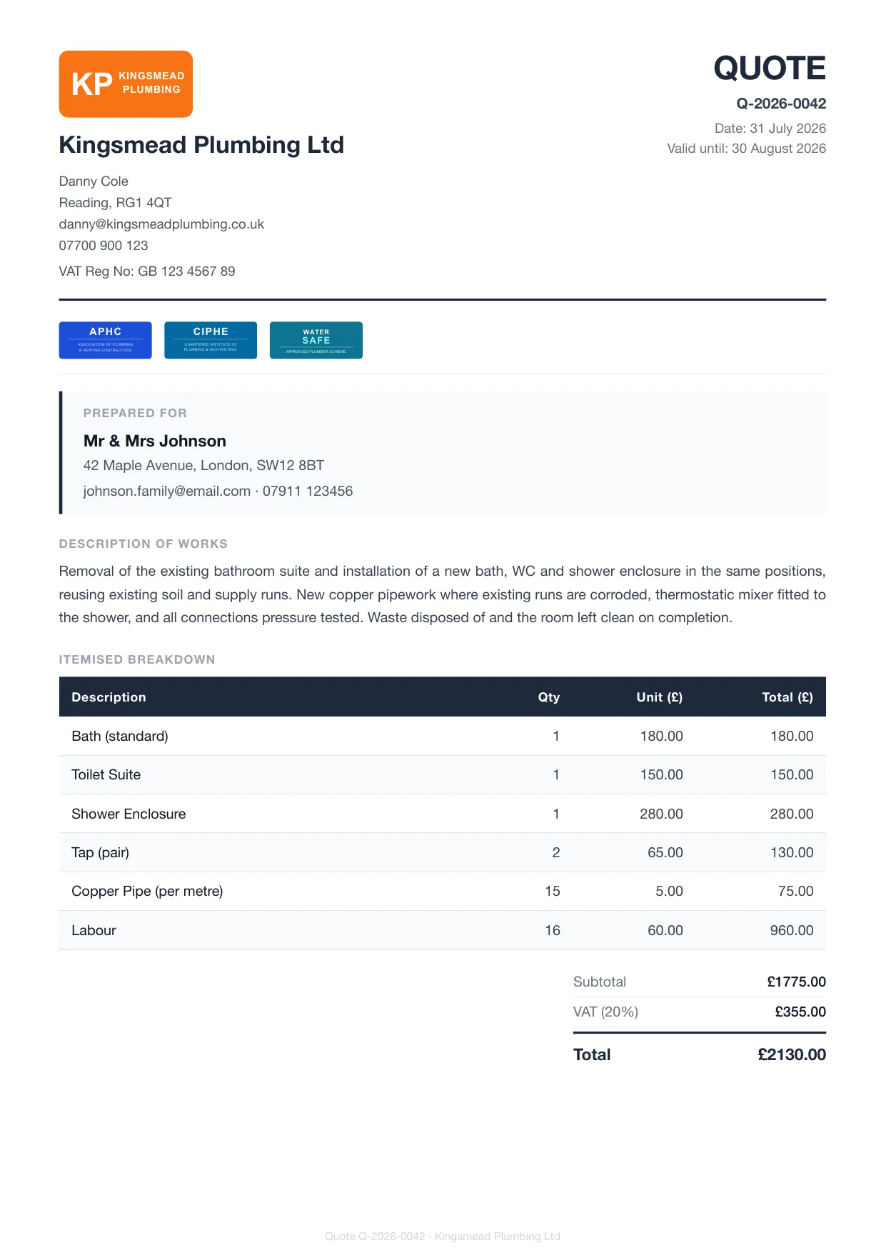 Example Larzo quote PDF for plumbers — bathroom fit, itemised with VAT