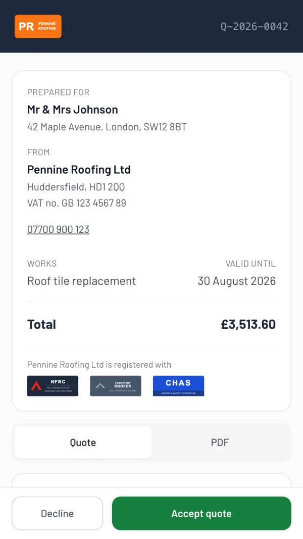 The Larzo customer portal for a roofer's quote — roof tile replacement, branded, itemised, with an accept button
