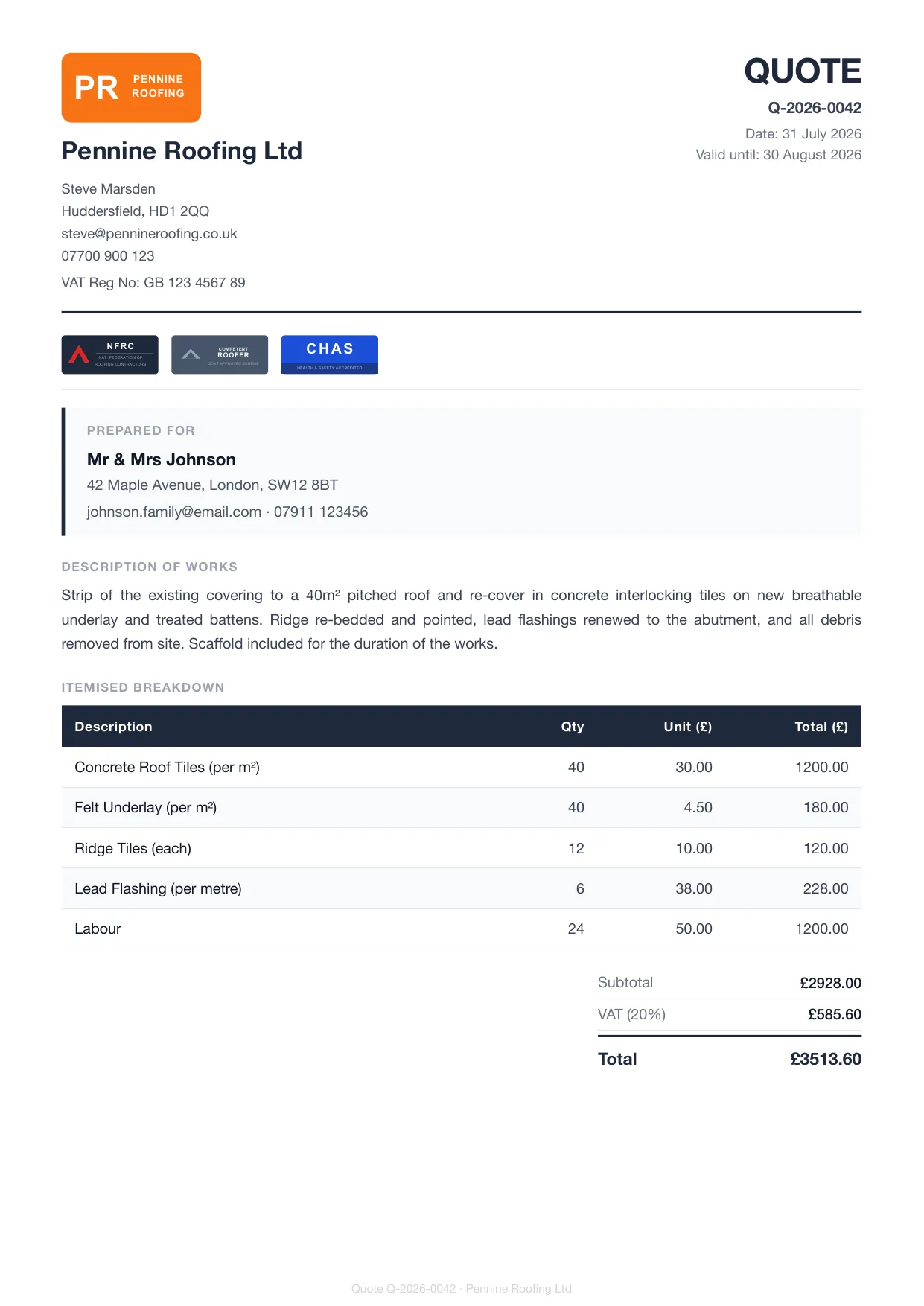 Example Larzo quote PDF for roofers — roof tile replacement, itemised with VAT