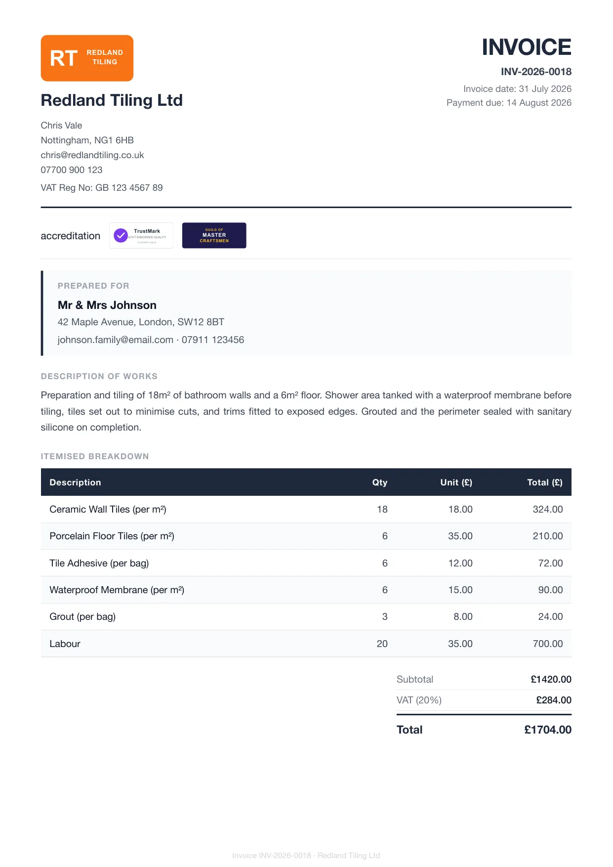 Example Larzo invoice PDF for tilers, with bank details and payment due date