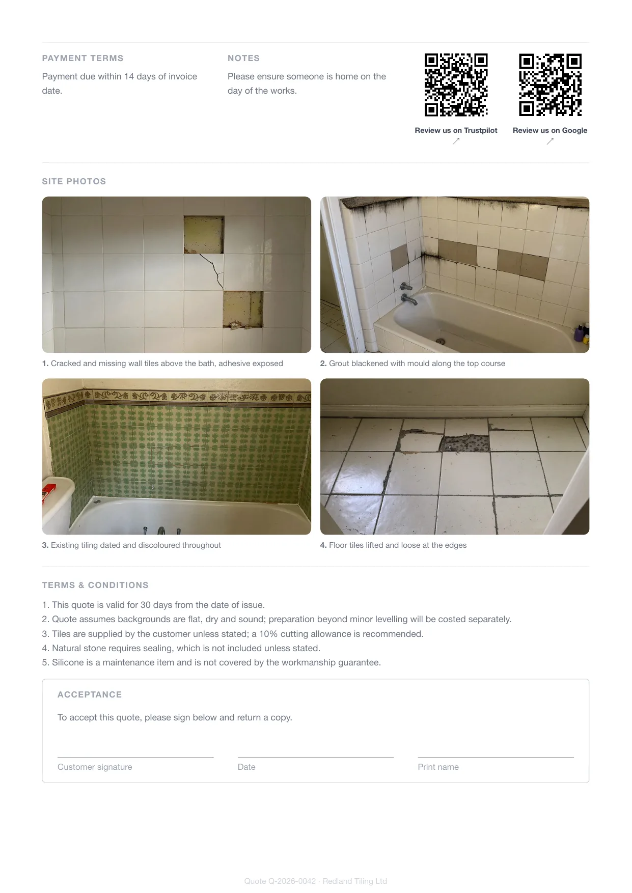 Page 2 of a tiler's Larzo quote — site photos of the existing condition being priced, with terms and a signature block