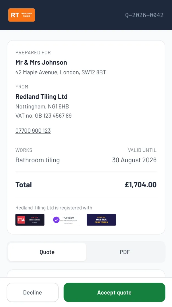The Larzo customer portal for a tiler's quote — bathroom tiling, branded, itemised, with an accept button